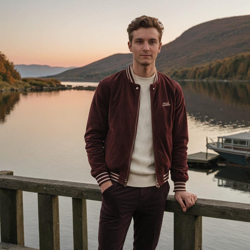 Man by Serene Lake at Sunset in Burgundy Jacket