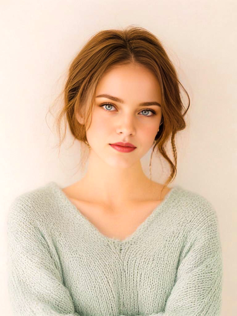 Young Woman with Green Eyes in Cozy Sweater