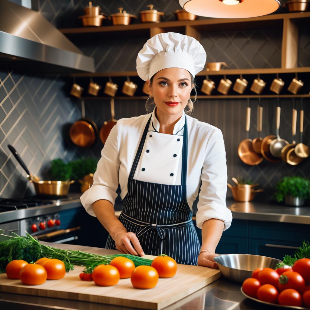Female Chef Preparing Fresh Tomatoes in Modern Kitchen with Copper Cookware
