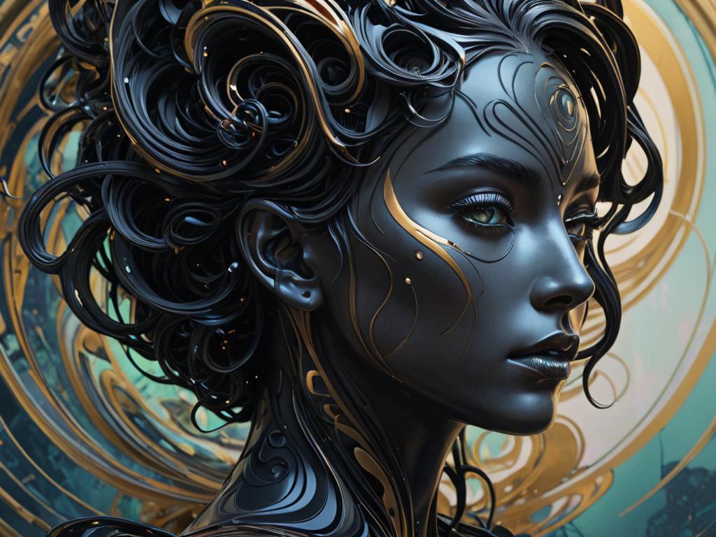 Hyper-realistic Abstract Female Silhouette with Black and Gold Elements