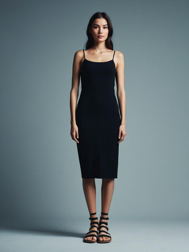 Minimalist Chic Fitted Black Tank Dress with Scoop Neckline on Woman