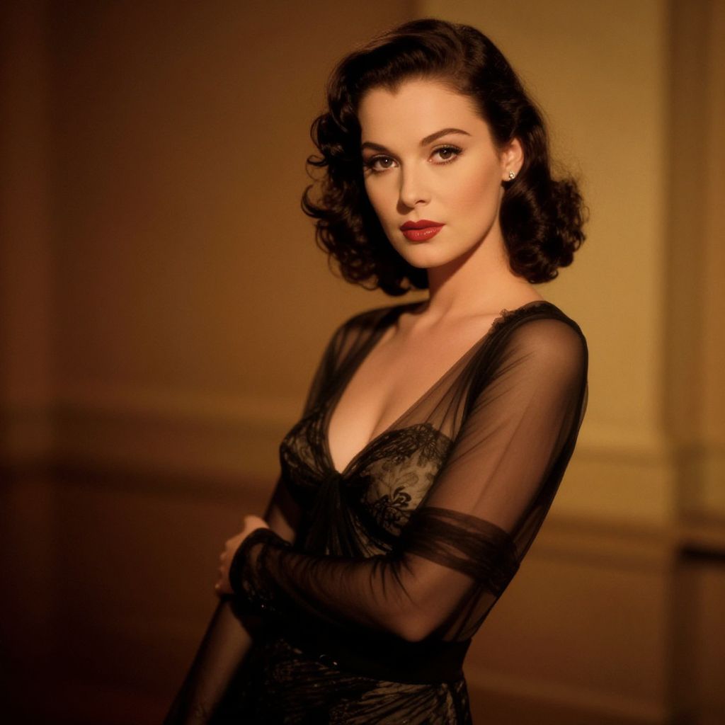Vintage Hollywood Glamour Woman in Sheer Black Dress Portrait
