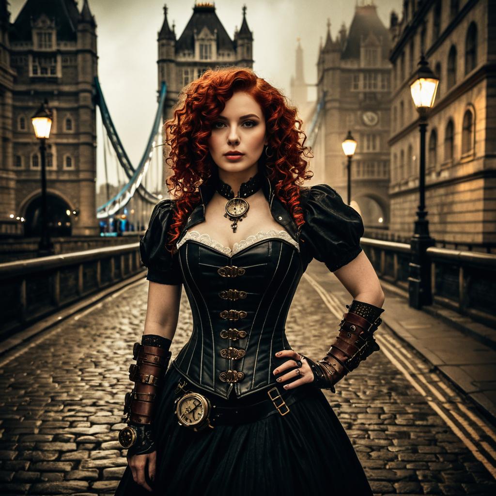 Steampunk Woman in Black Leather Corset on Historic Bridge