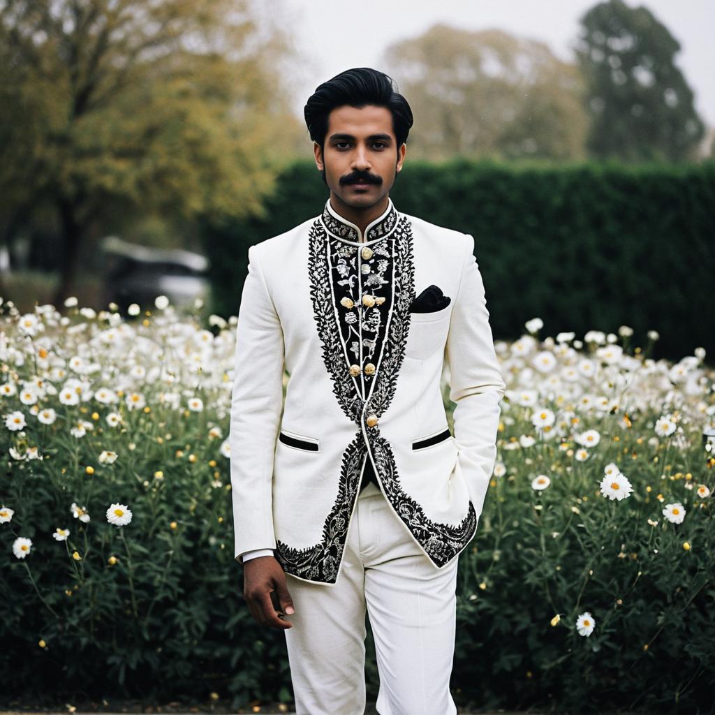 Man in Embroidered Sherwani in Daisy Field