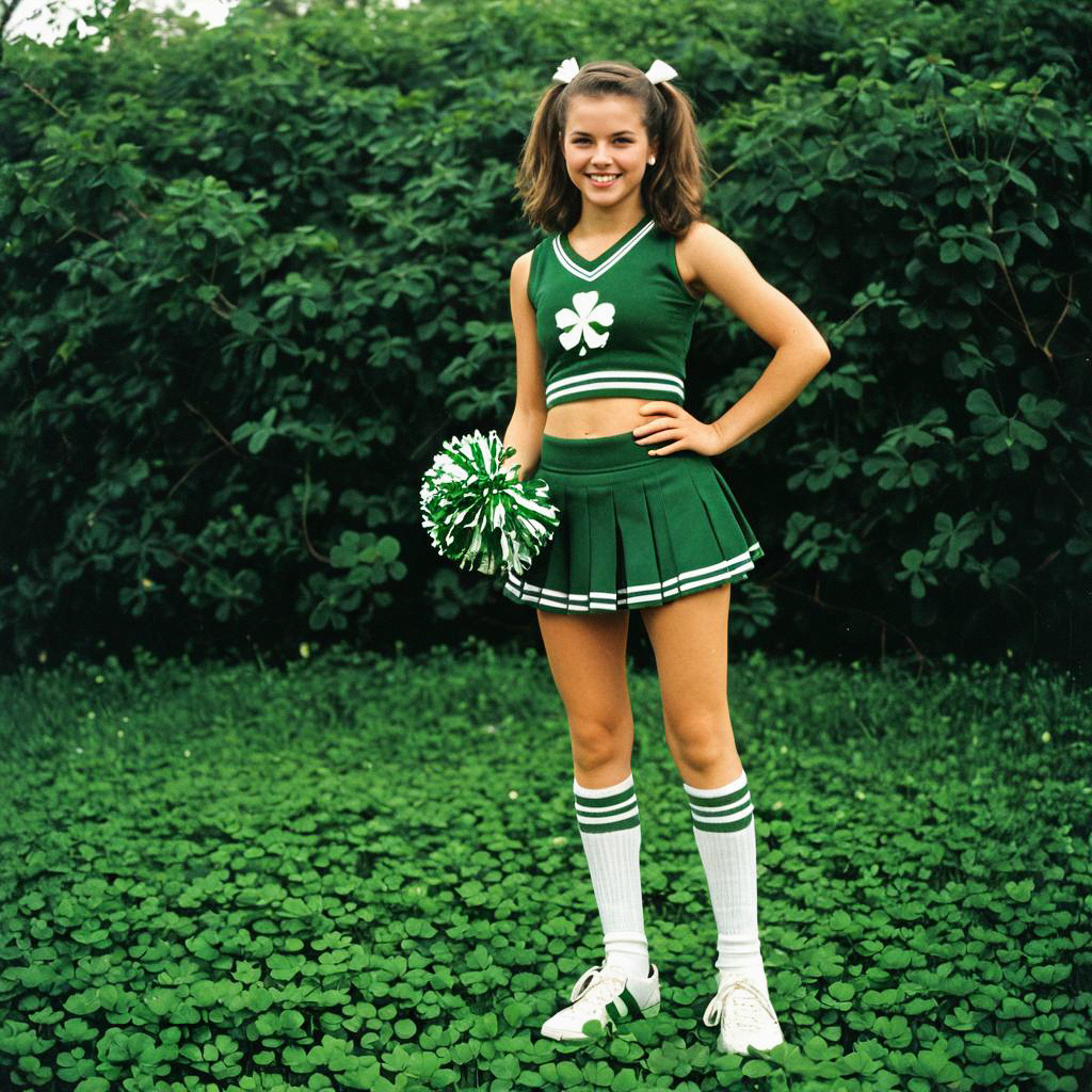 Young Woman in Green Cheerleader Outfit Outdoors Young Woman in Green Cheerleader Outfit Outdoors