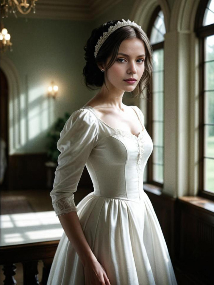 Elegant Woman in Vintage White Dress in Ornate Room