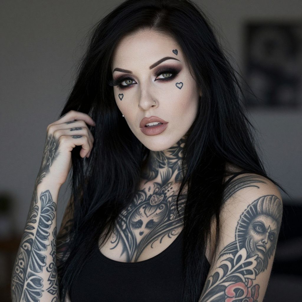Tattooed Woman with Heart Face Tattoos and Dramatic Makeup