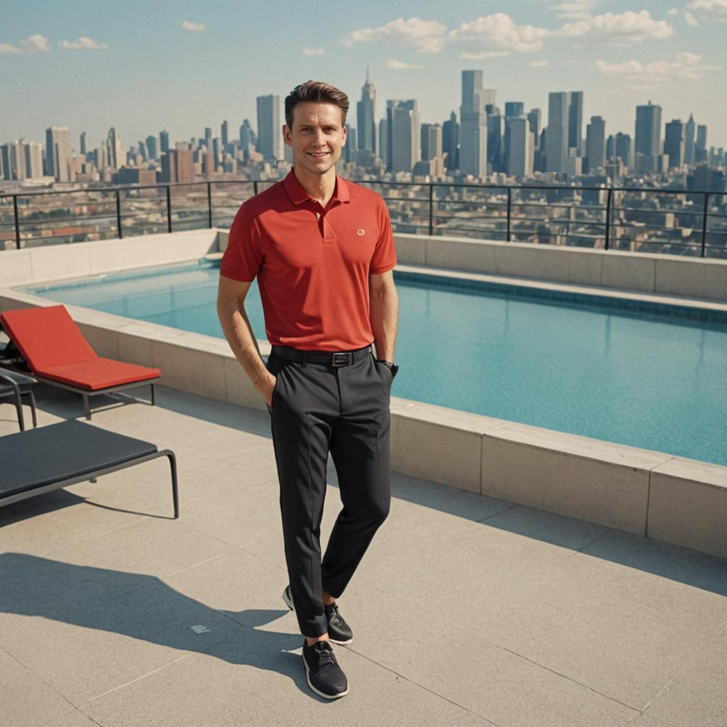 Confident Man by Poolside with City Skyline