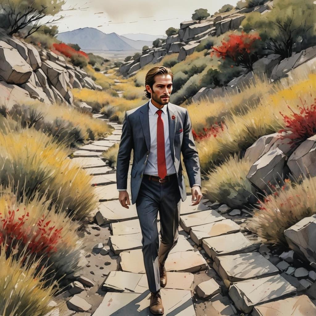 Man Walking on Stone Path in Rugged Autumn Landscape Wearing Dark Suit