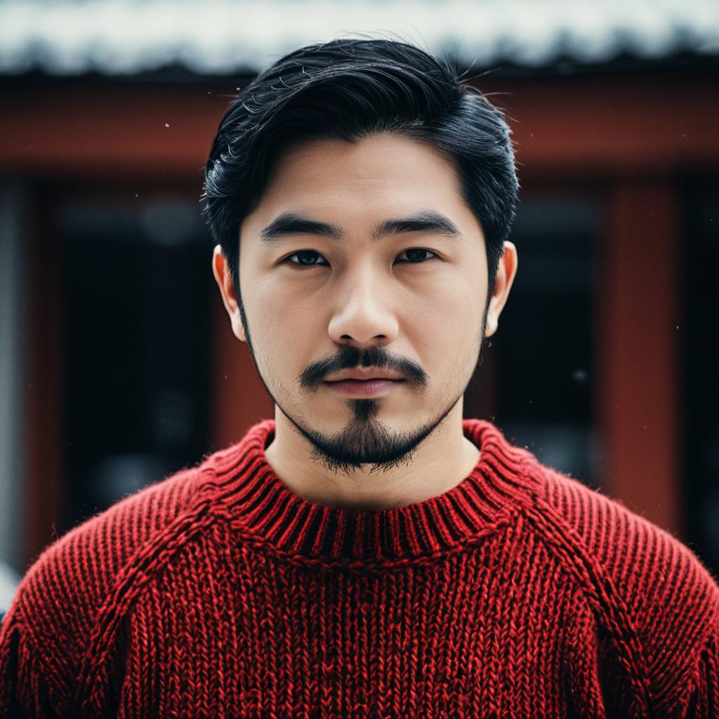 Close-up of a man in a red cable knit sweater outdoors Close-up of a man in a red cable knit sweater outdoors