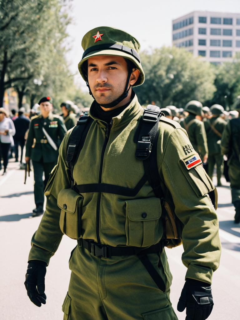 Man in Army-Inspired Olive Green Costume Candid Cosplay Portrait