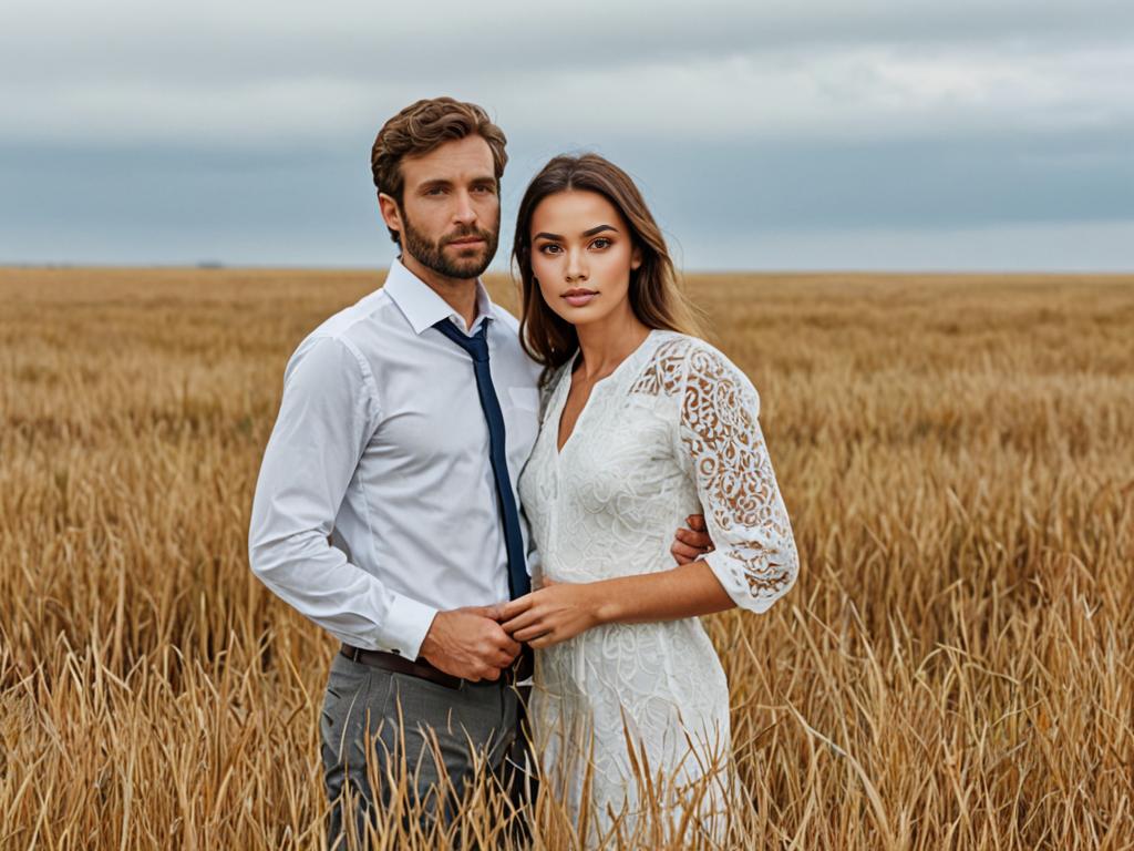 Couple in Wheat Field - Bridal and Semi-Formal Attire