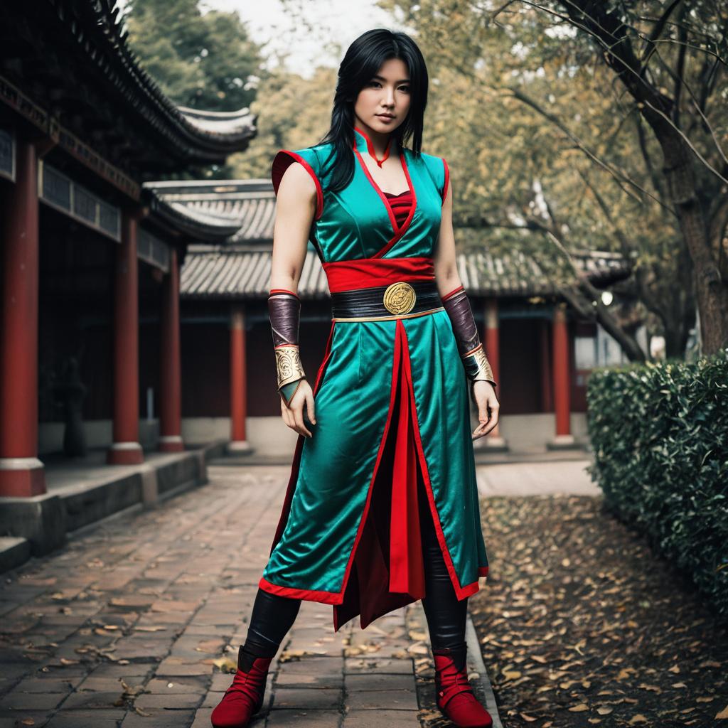 Asian-Inspired Warrior Woman in Colorful Traditional Costume in Courtyard