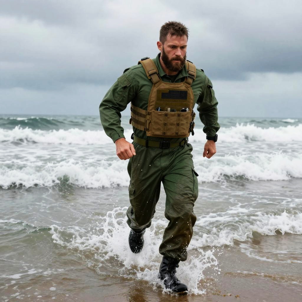 Man in Tactical Military Gear Running Through Ocean Waves