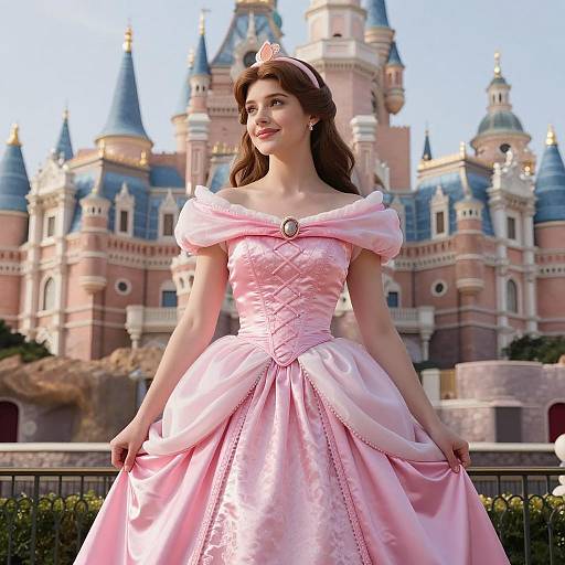 Young Woman in Pink Princess Dress Standing Before Fairy Tale Castle