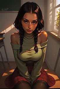 Young Woman in Olive Sweater and Plaid Skirt by Window