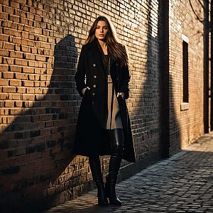 Confident Woman in Stylish Urban Attire Against Brick Wall
