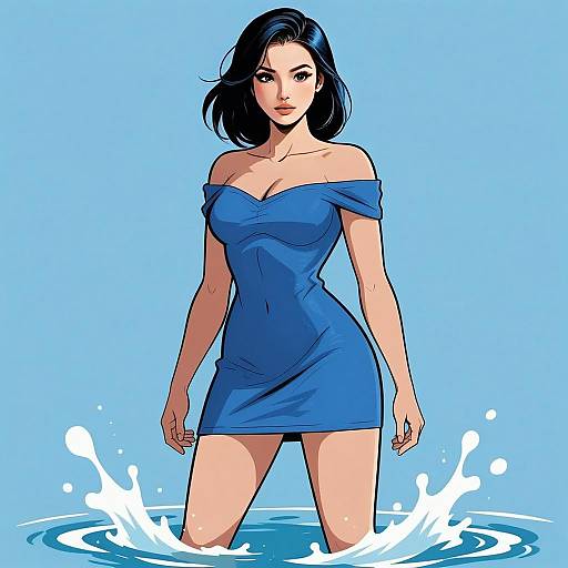 Illustration of Young Woman in Blue Dress Standing in Water