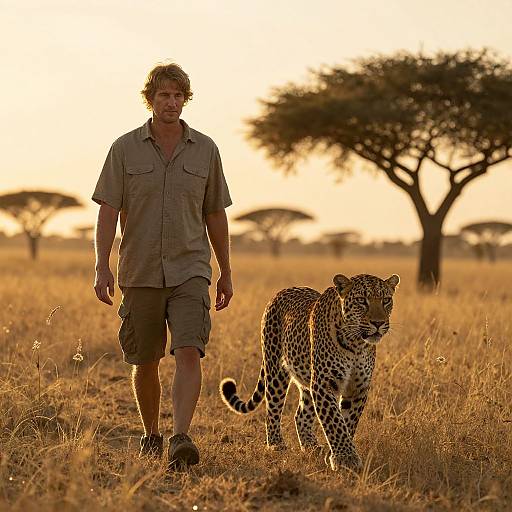 Man Walking with Leopard in African Savannah at Sunset