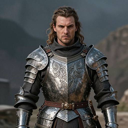 Medieval Knight in Detailed Engraved Armor Standing Outdoors