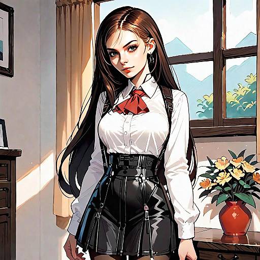 Stylish Young Woman in Leather Skirt with Red Bow Tie Anime Illustration