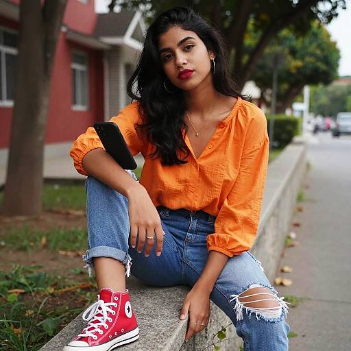 Casual Young Woman Sitting Outdoors in Orange Blouse and Ripped Jeans