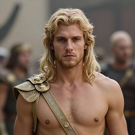 Blonde Shirtless Warrior Man with Golden Shoulder Armor Strap