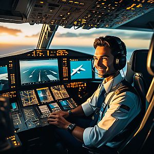 Smiling Male Pilot in Modern Cockpit at Sunset