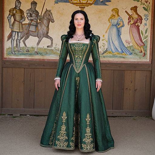 Woman in Green Renaissance Gown with Medieval Mural Background