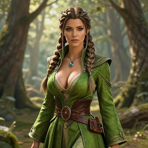 Fantasy Woman in Medieval Green Dress with Braided Hair in Forest Setting