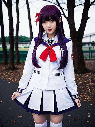 Asagami Fujino Cosplay in White and Navy School Uniform with Red Bow