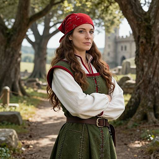Medieval Woman in Green Dress and Red Headscarf by Castle Path