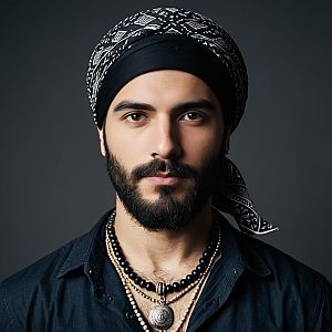 Confident Man in Bohemian Style with Bandana and Beaded Necklaces