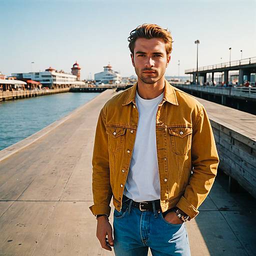 Young Man at Waterfront Pier in Mustard Jacket Casual Style