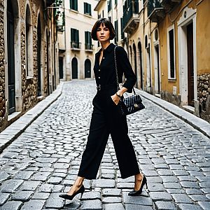 Stylish Woman in Black Jumpsuit on Cobblestone Street
