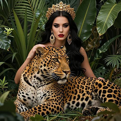 Regal Woman with Leopard in Jungle Wearing Golden Crown