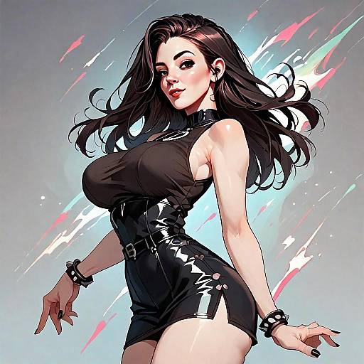 Confident Woman in Glossy Black Outfit Digital Art Illustration