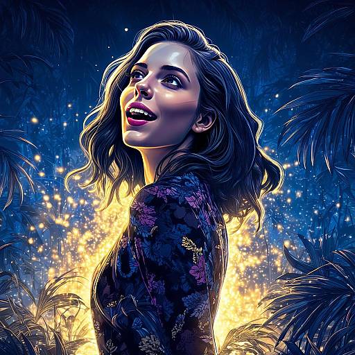 Digital Artwork of Woman in Mystical Forest with Magical Glow