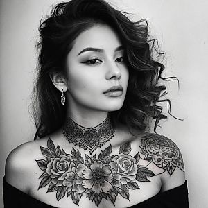 Confident Woman with Floral Tattoos in Black and White Portrait