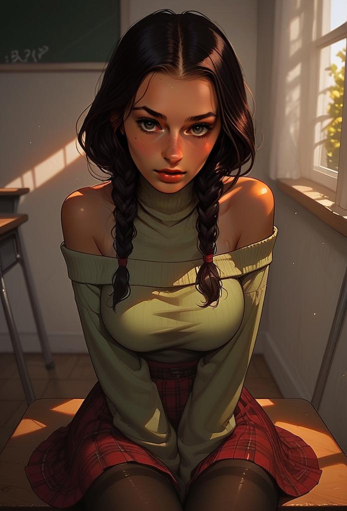 Young Woman in Olive Sweater and Plaid Skirt by Window