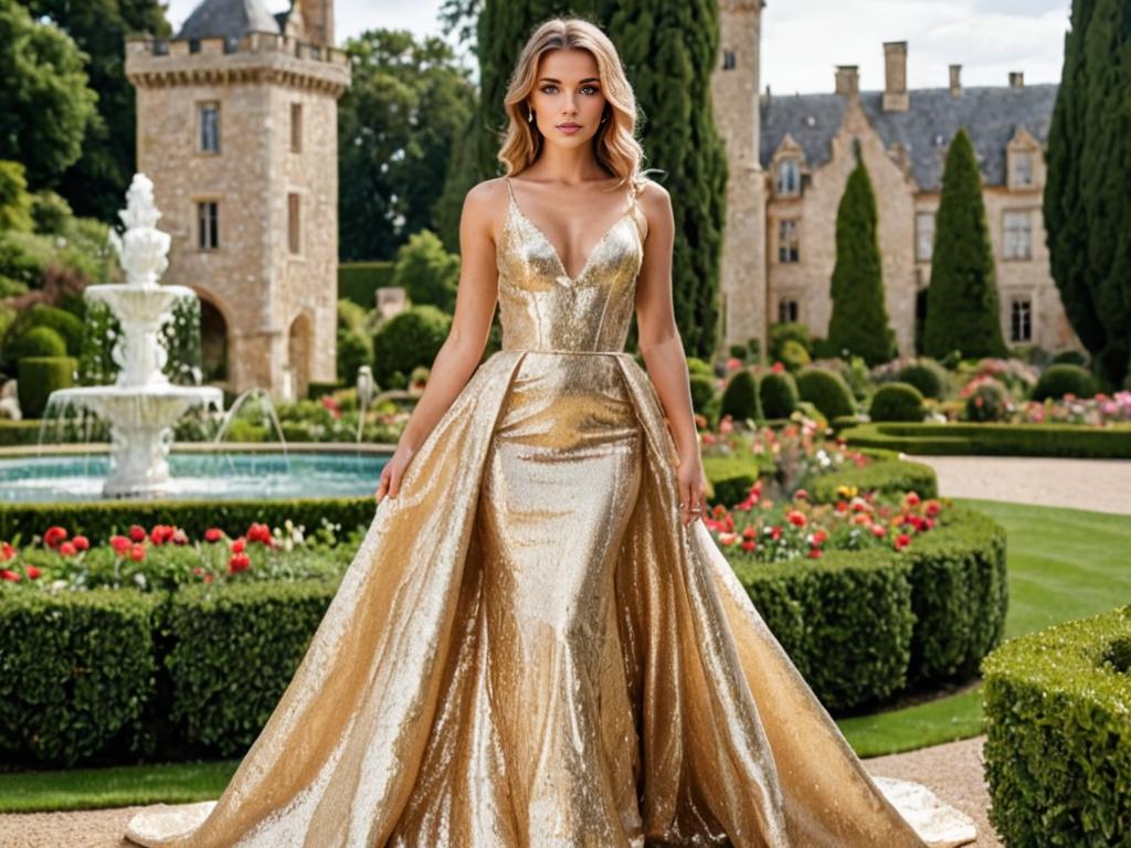 Glamorous Woman in Gold Sequined Gown in Castle Garden