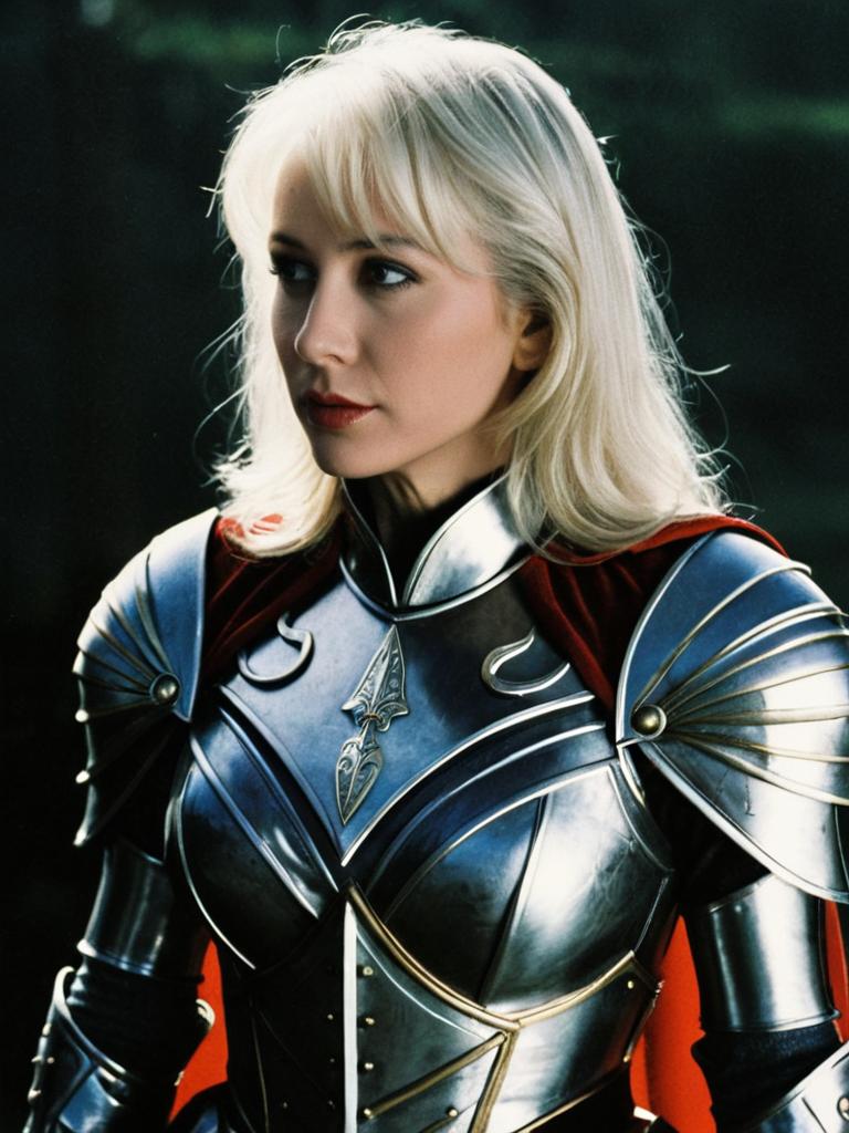 Woman in Excalibur Medieval Knight Armor Costume with Silver Plating and Red Cape