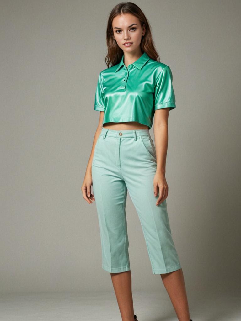 Woman in Stylish Green Satin Crop Top and Mint Capri Pants