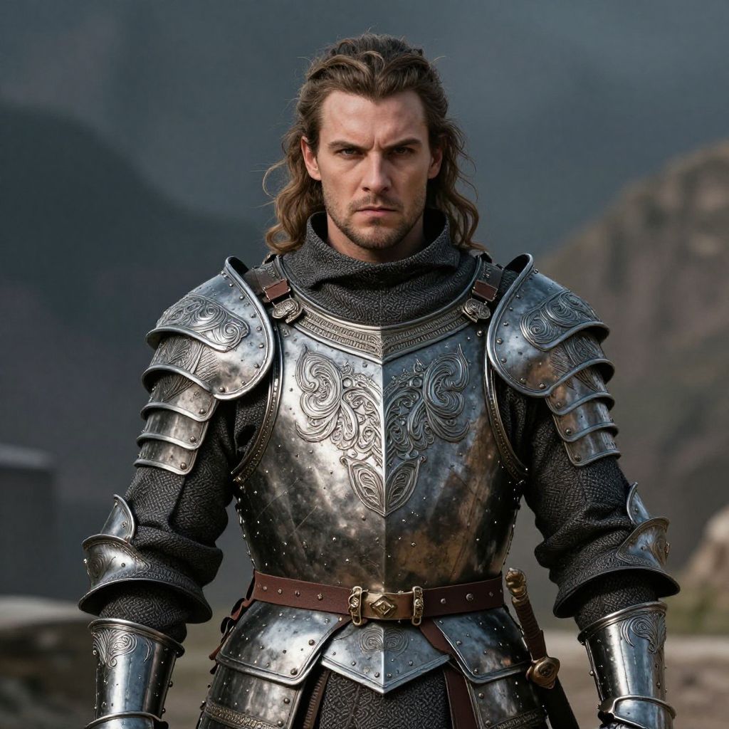 Medieval Knight in Detailed Engraved Armor Standing Outdoors