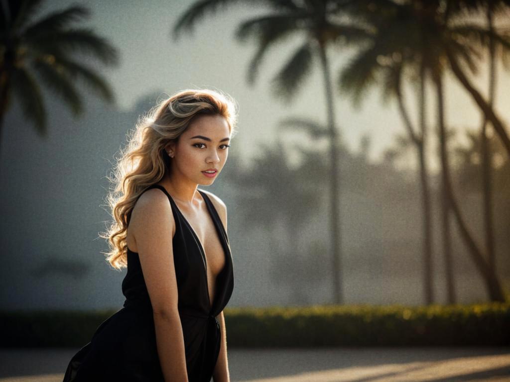 Elegant Woman in Black Outfit with Palm Trees