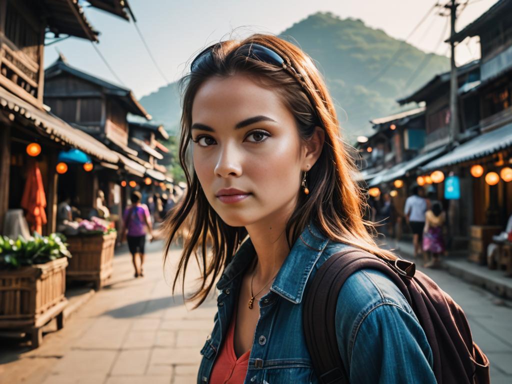 Young Woman in Denim Jacket at Street Market