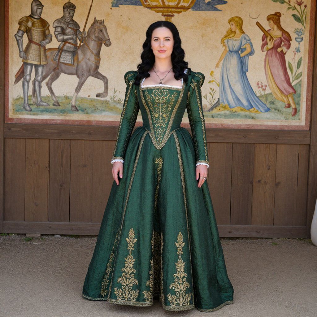 Woman in Green Renaissance Gown with Medieval Mural Background