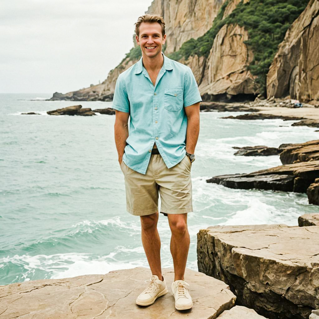 Smiling Man in Casual Summer Outfit on Rocky Beach