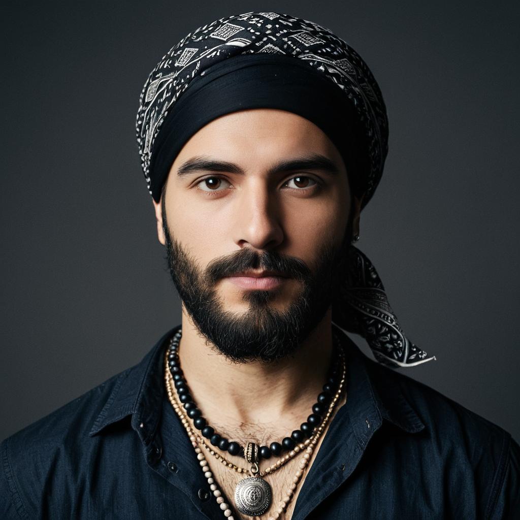 Confident Man in Bohemian Style with Bandana and Beaded Necklaces