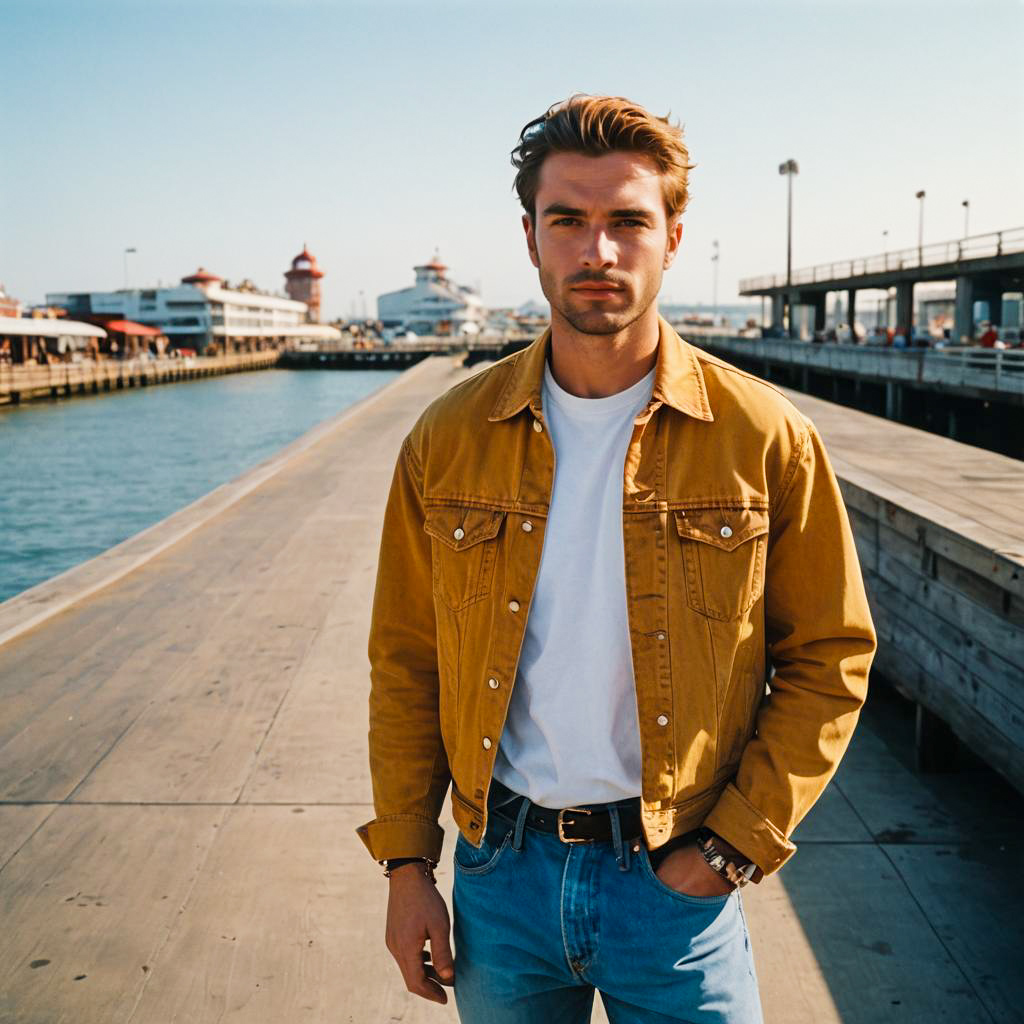 Young Man at Waterfront Pier in Mustard Jacket Casual Style